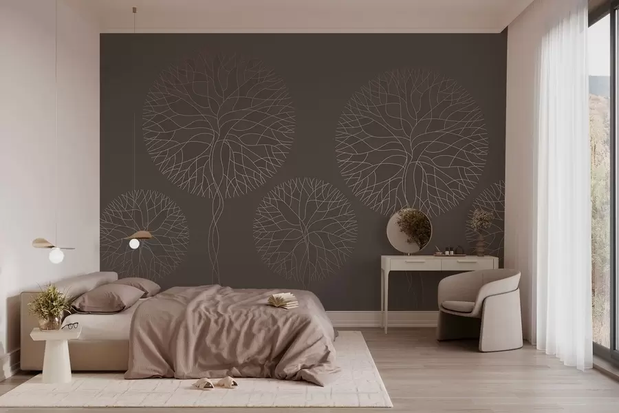 Fototapete Fantastische lineare Bäume mit üppigen Kronen in eleganten Mokkatönen w05213v1