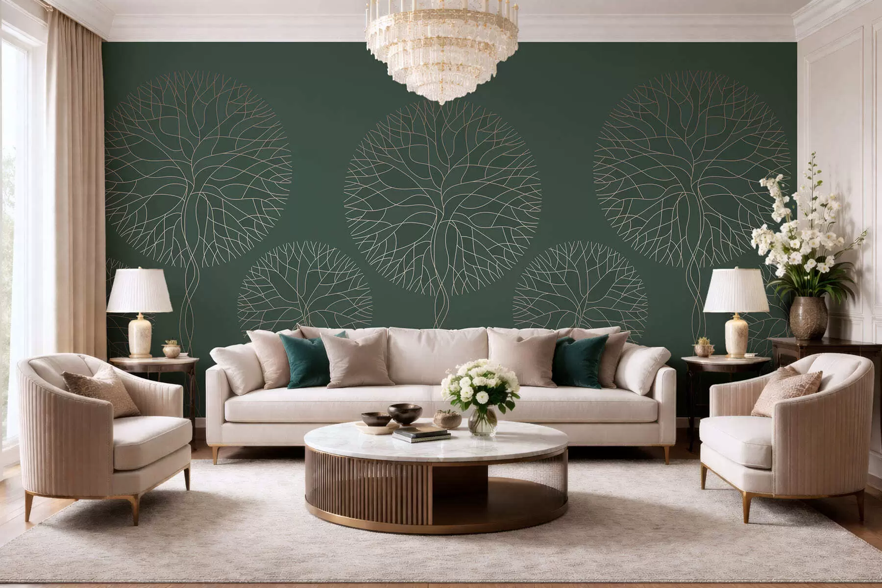 Fototapete Fantastische lineare Bäume mit üppigen Kronen in eleganten Dunkelgrüntönen w05213v2