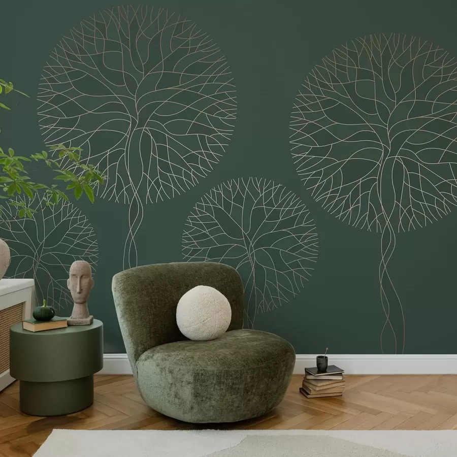 Fototapete Fantastische lineare Bäume mit üppigen Kronen in eleganten Dunkelgrüntönen w05213v2