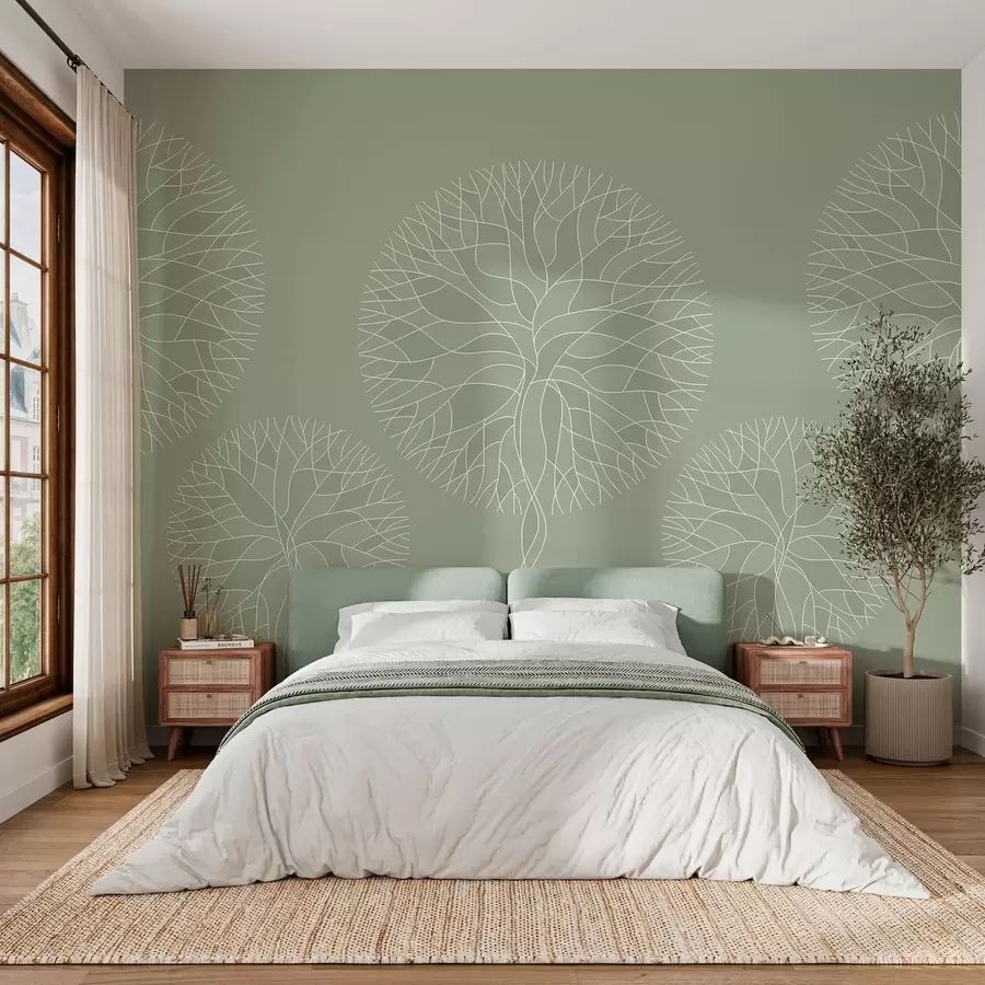 Fototapete Fantasievolle lineare Bäume mit üppigen Kronen in hellgrünen Farbtönen w05213v6