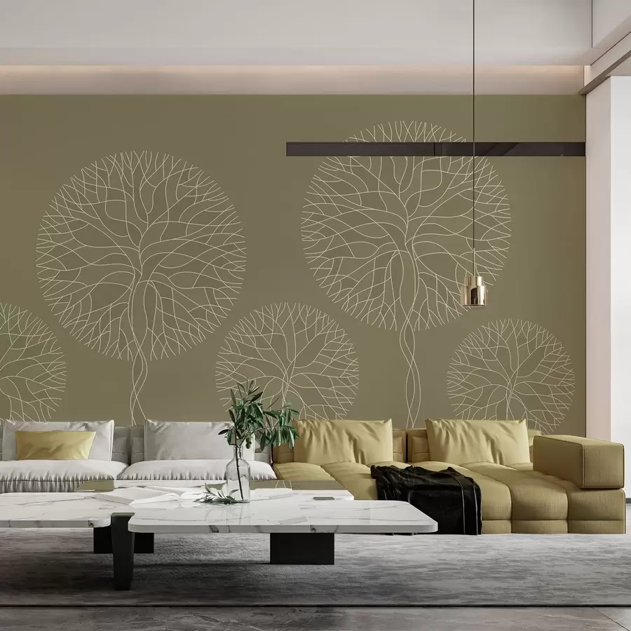 Fototapete Fantasievolle lineare Bäume mit üppigen Kronen in Khaki-Tönen w05213v7