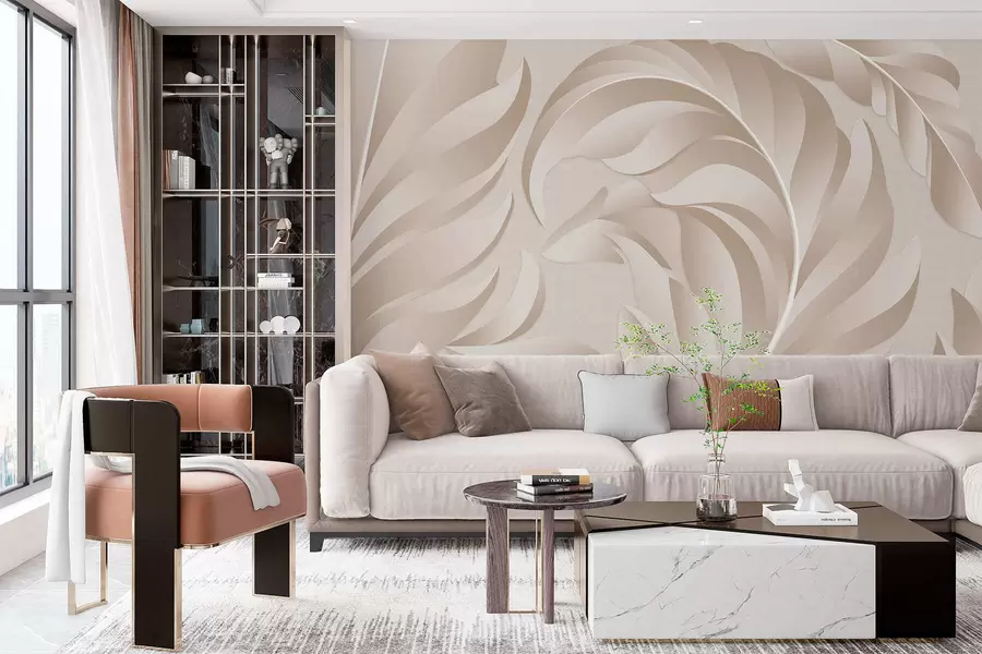 Fototapete große strukturierte Federn in Beige- und Pudertönen w05231