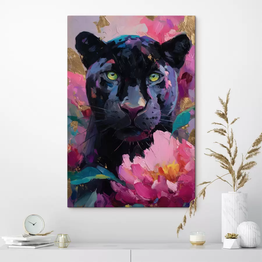 Fototapete Schwarzer Panther zwischen Pfingstrosen s47935