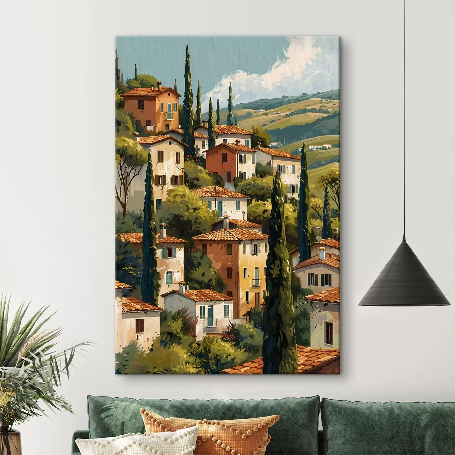 Fototapete Mediterranes Bergdorf, übereinanderliegende Häuser in warmen Farbtönen mit Terrakottadächern s47950