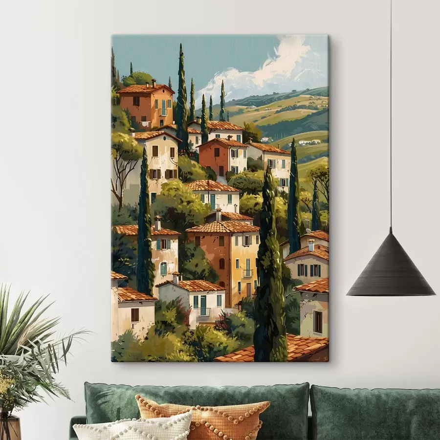 Fototapete Mediterranes Bergdorf, übereinanderliegende Häuser in warmen Farbtönen mit Terrakottadächern s47950