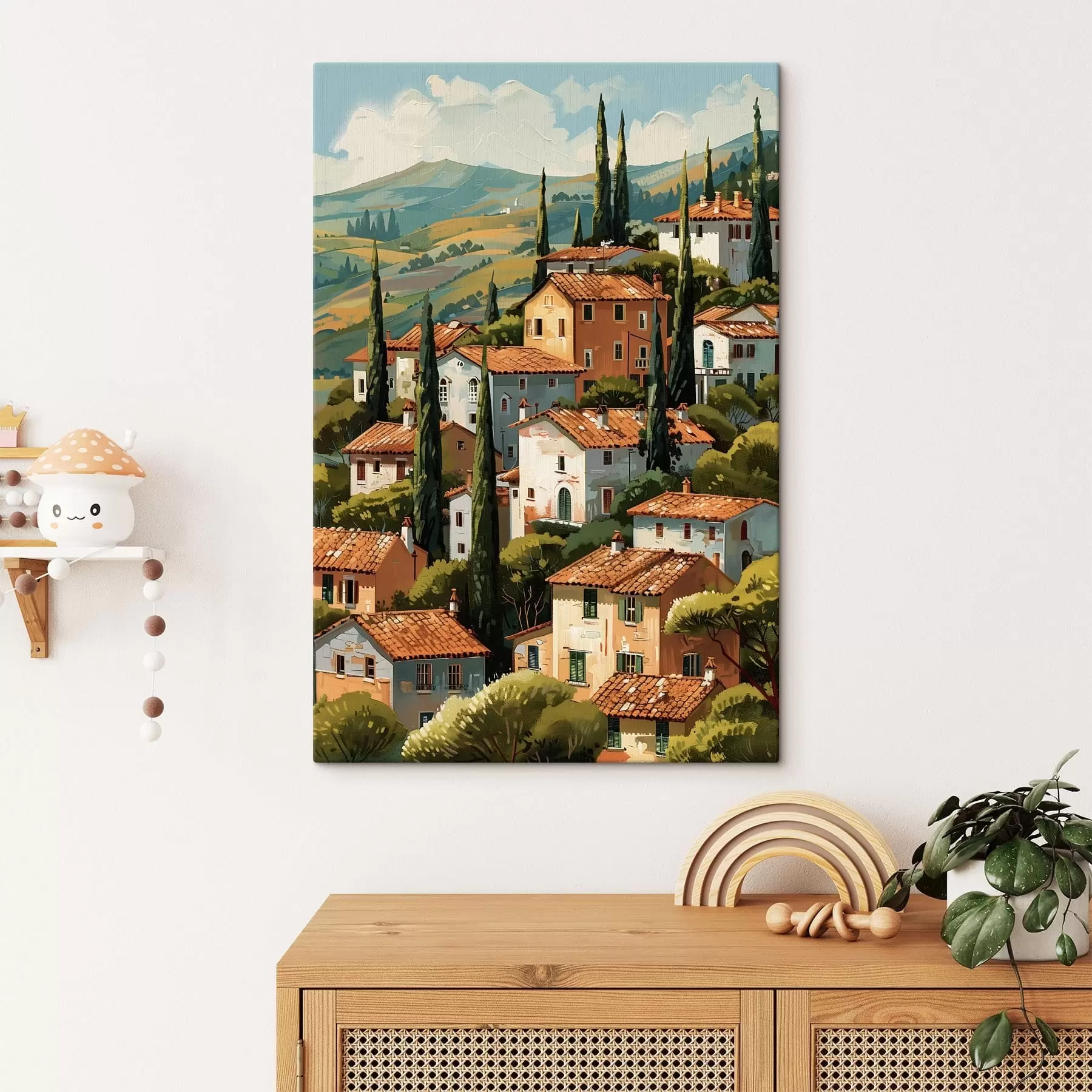 Fototapete Mediterranes Bergdorf, übereinanderliegende Häuser in warmen Farbtönen mit Terrakottadächern s47951