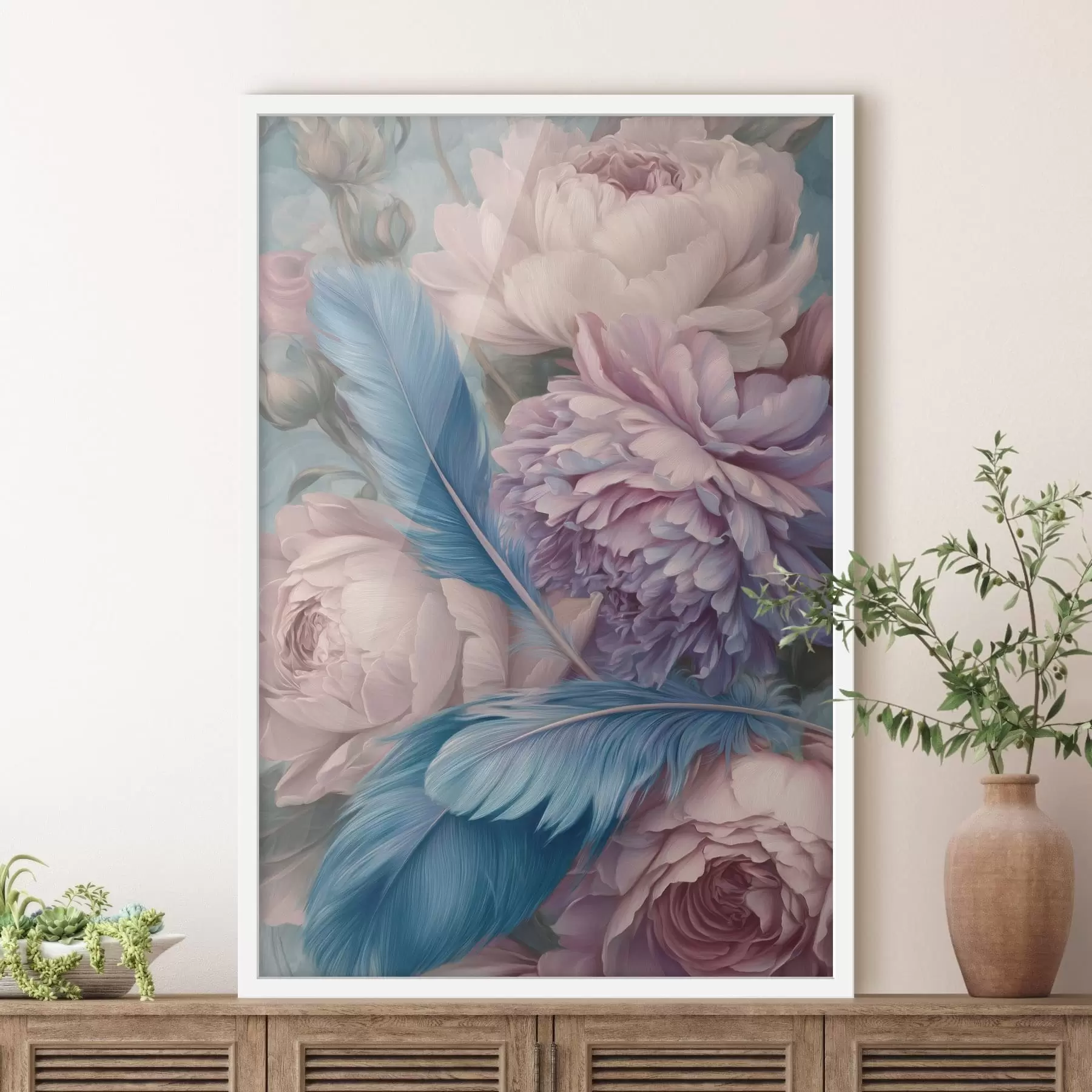 Fototapete Federn zwischen Pfingstrosen f47939