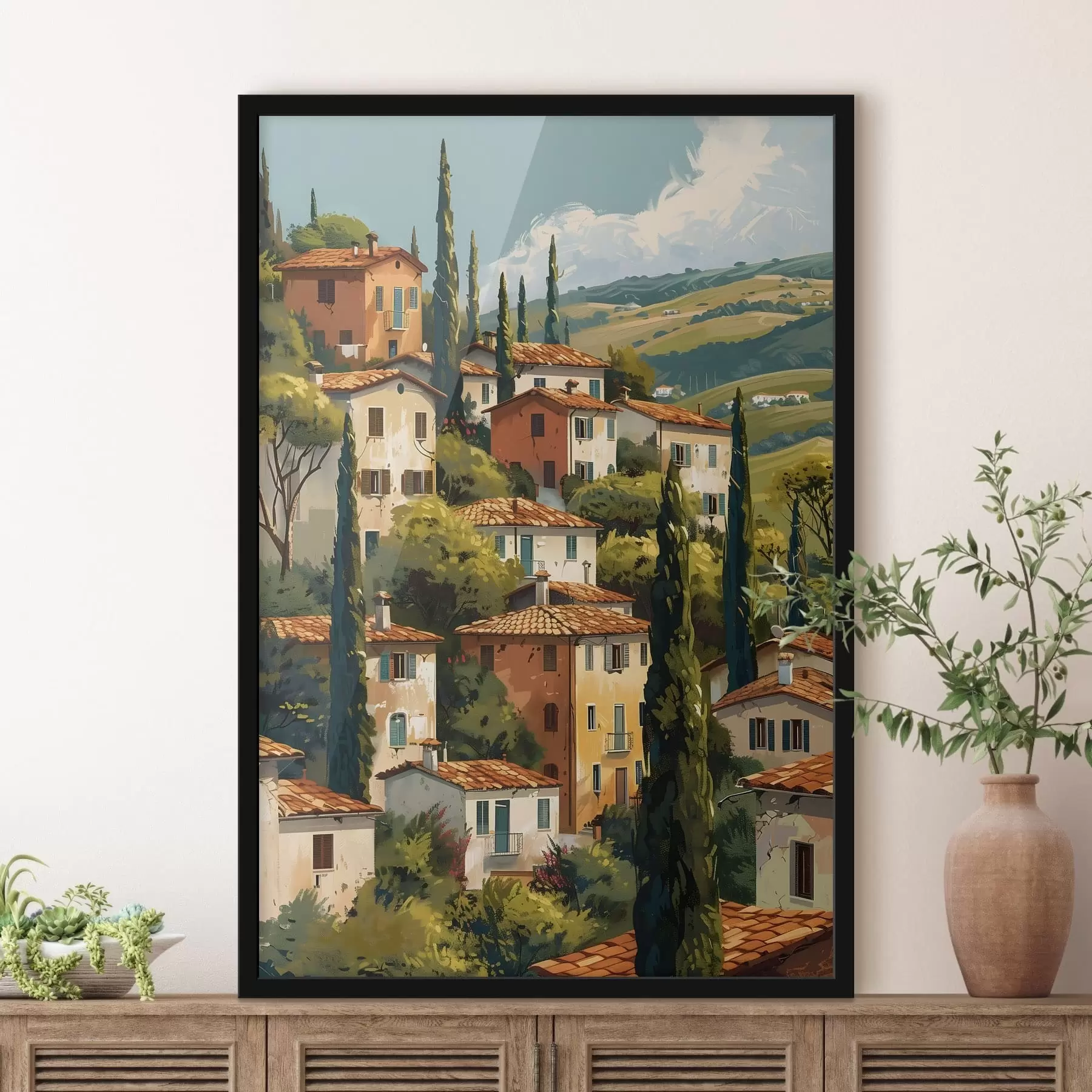 Fototapete Mediterranes Bergdorf, übereinanderliegende Häuser in warmen Farbtönen mit Terrakottadächern f47950
