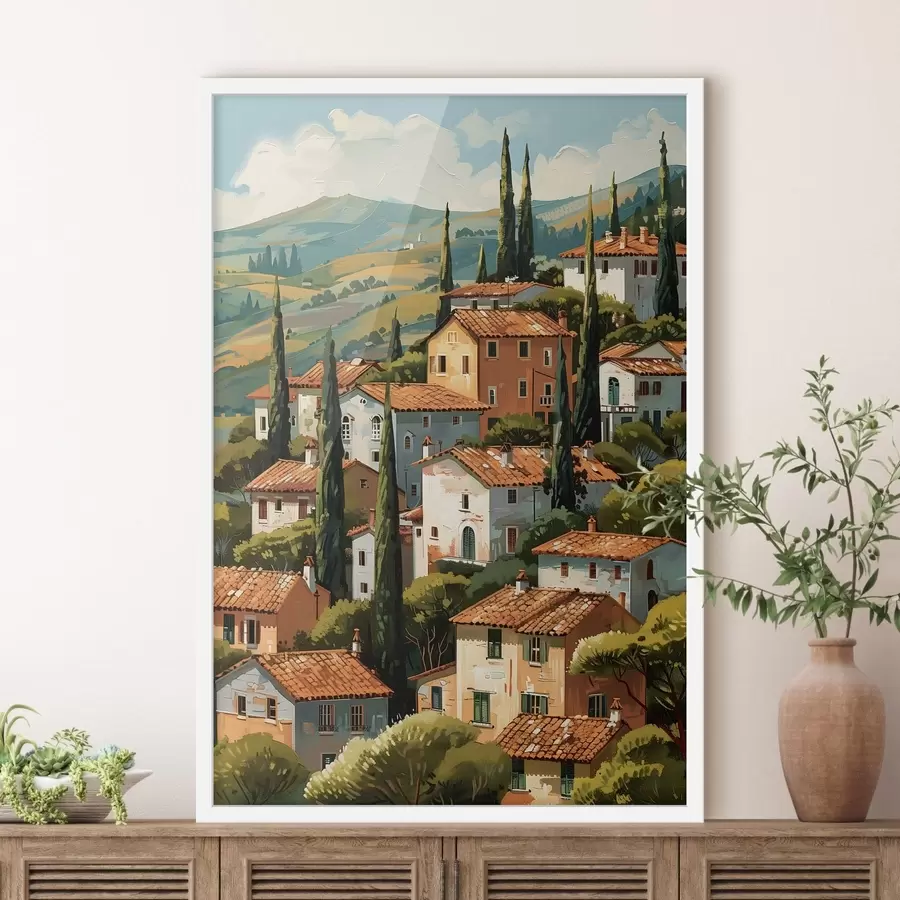 Fototapete Mediterranes Bergdorf, übereinanderliegende Häuser in warmen Farbtönen mit Terrakottadächern f47951