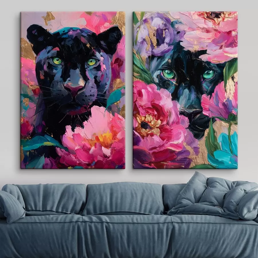 Fototapete Schwarzer Panther zwischen Pfingstrosen m30090