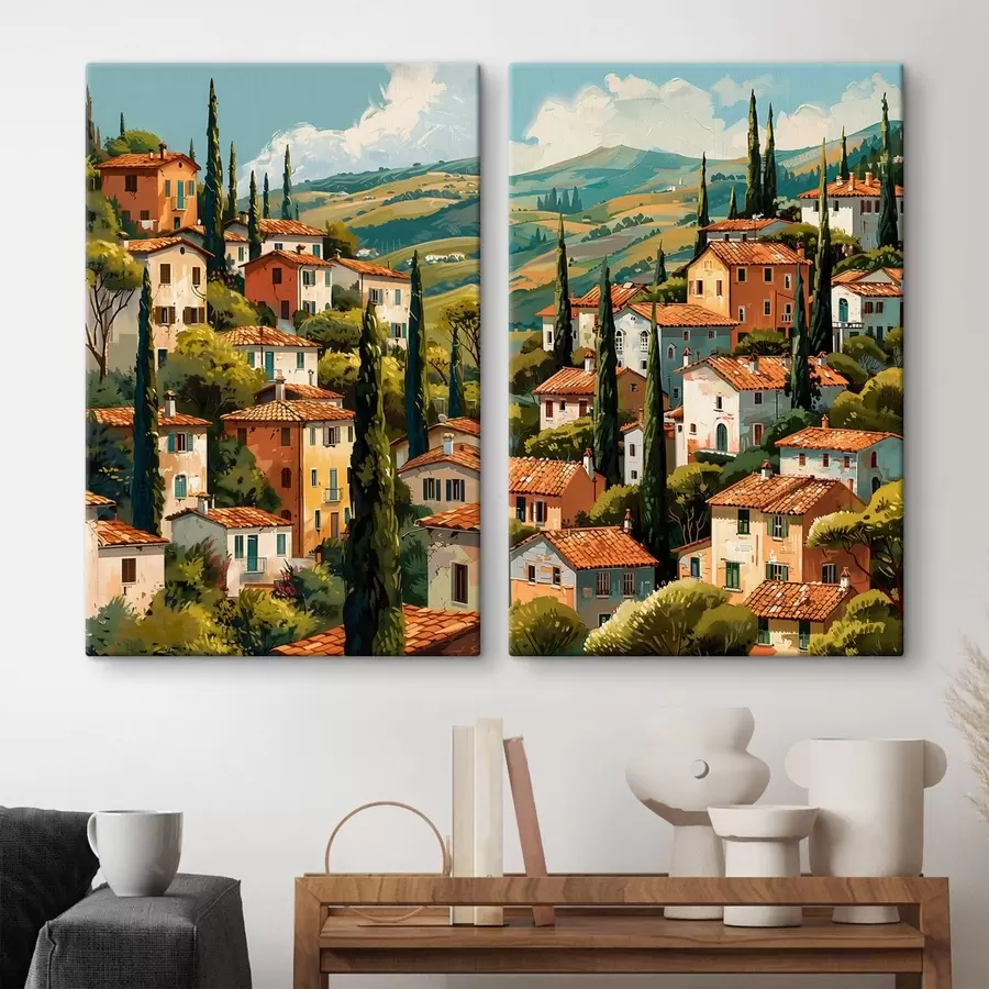 Fototapete Mediterranes Bergdorf, übereinanderliegende Häuser in warmen Farbtönen mit Terrakottadächern m30097