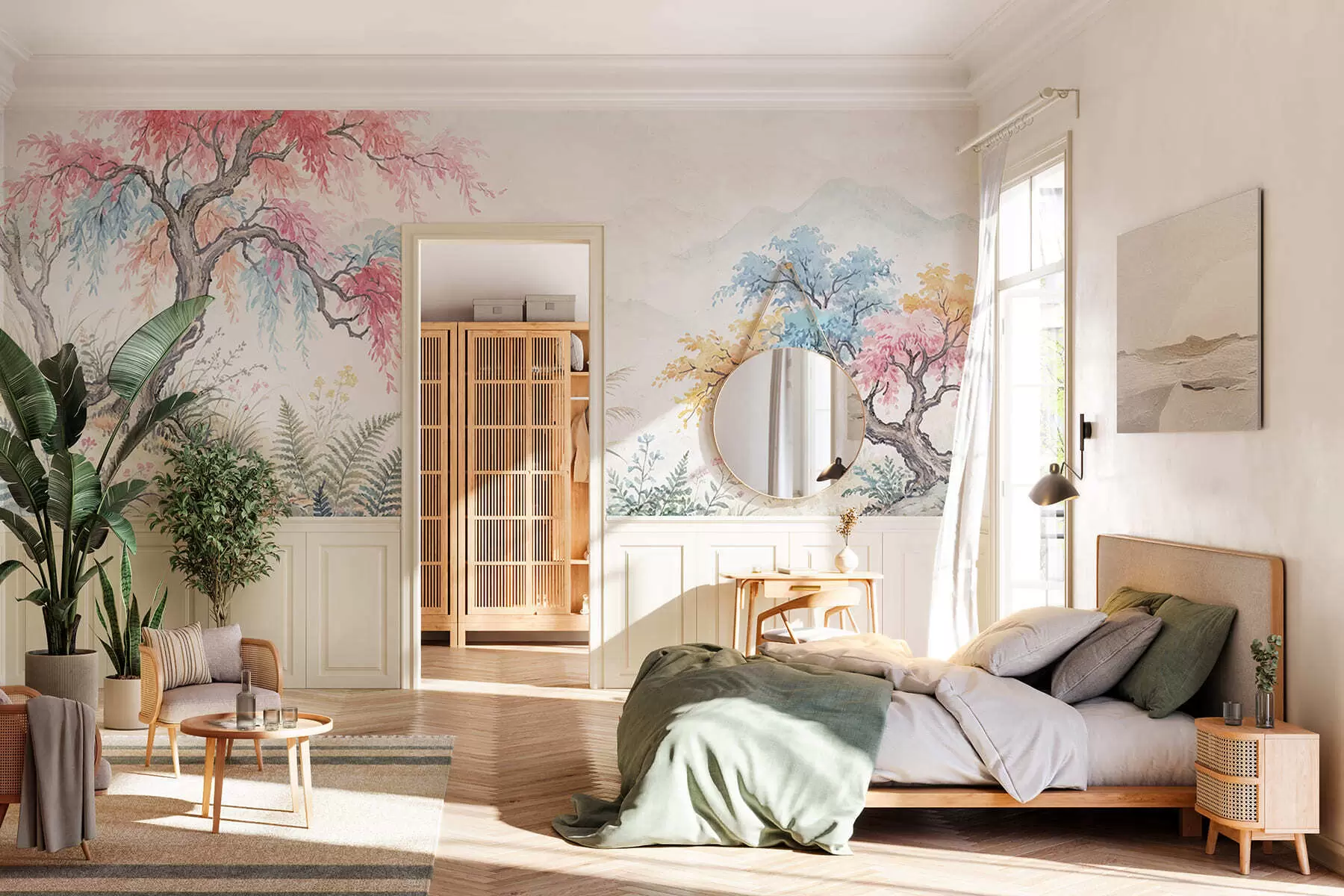 Fototapete Bunt bemalter Garten auf Betonwand w05246