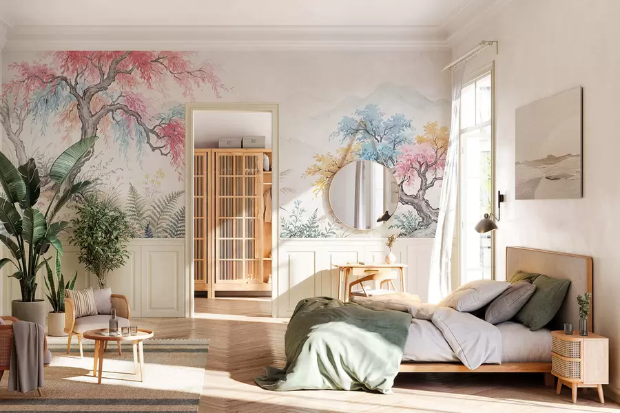 Fototapete Bunt bemalter Garten auf Betonwand w05246