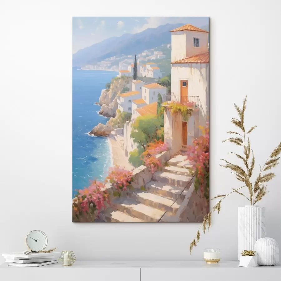 Fototapete impressionistisches mediterranes Dorf an einer Steilküste s48060