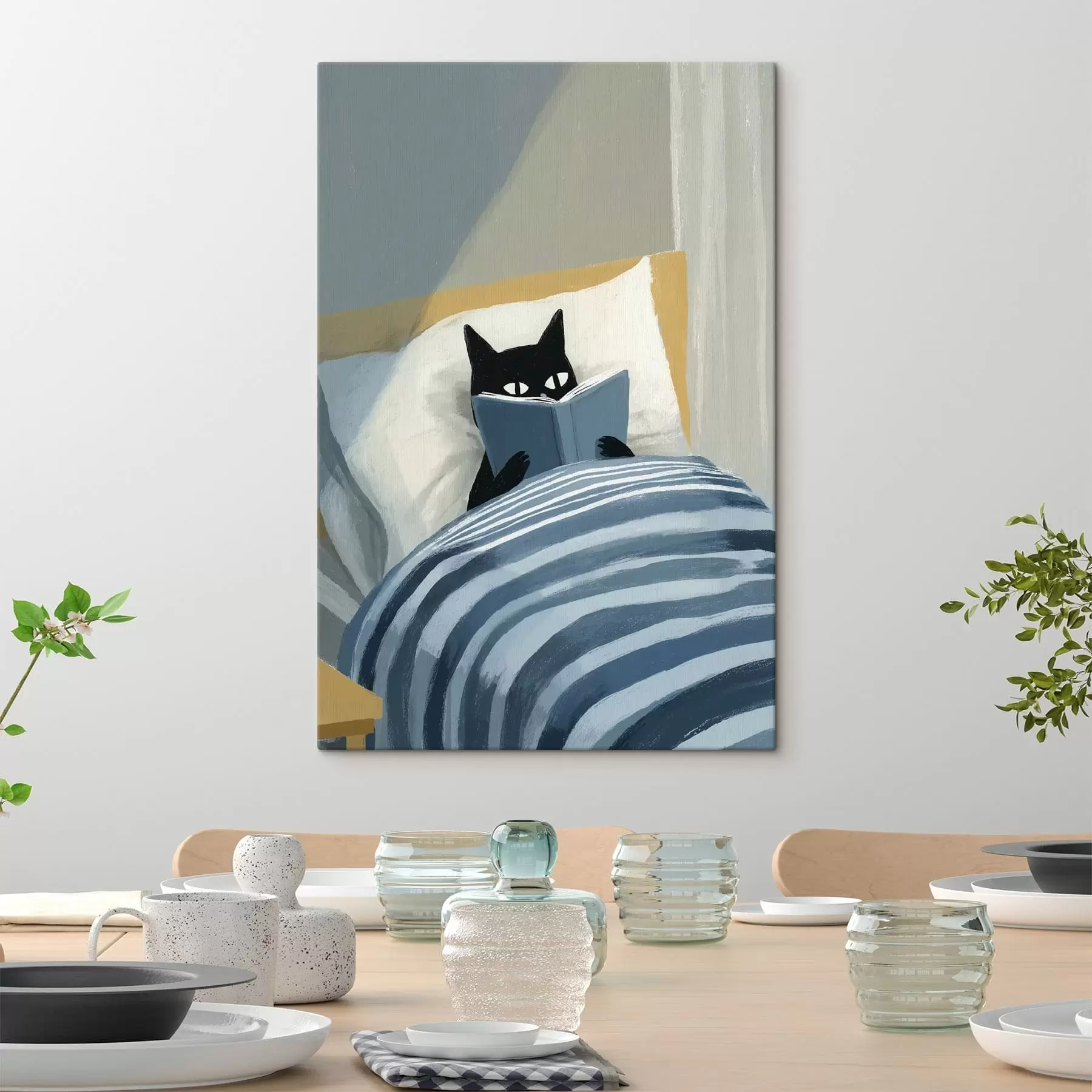 Fototapete Minimale flache Illustration einer schwarzen Katze, die im Bett ein Buch liest s48117