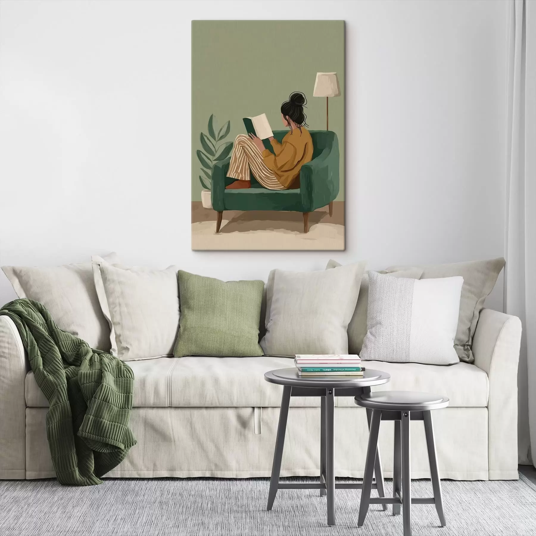 Fototapete Minimalistische, gemütliche Illustration einer Frau, die in einem Sessel sitzt und liest s48118