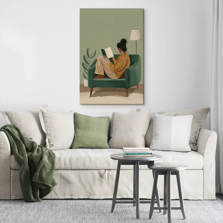 Fototapete Minimalistische, gemütliche Illustration einer Frau, die in einem Sessel sitzt und liest s48118