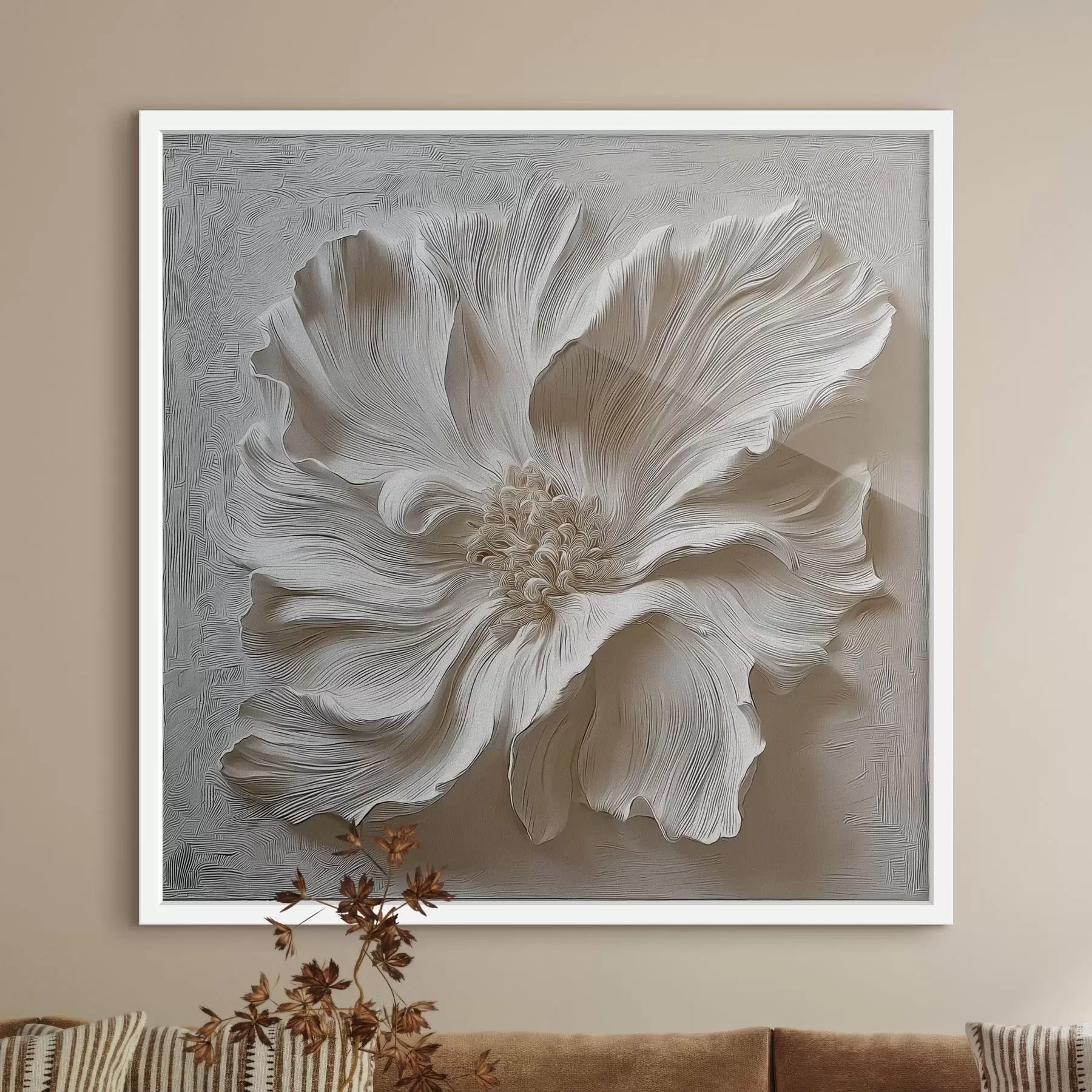 Fototapete Weiße Gipsrelief-Blumenskulptur f48065