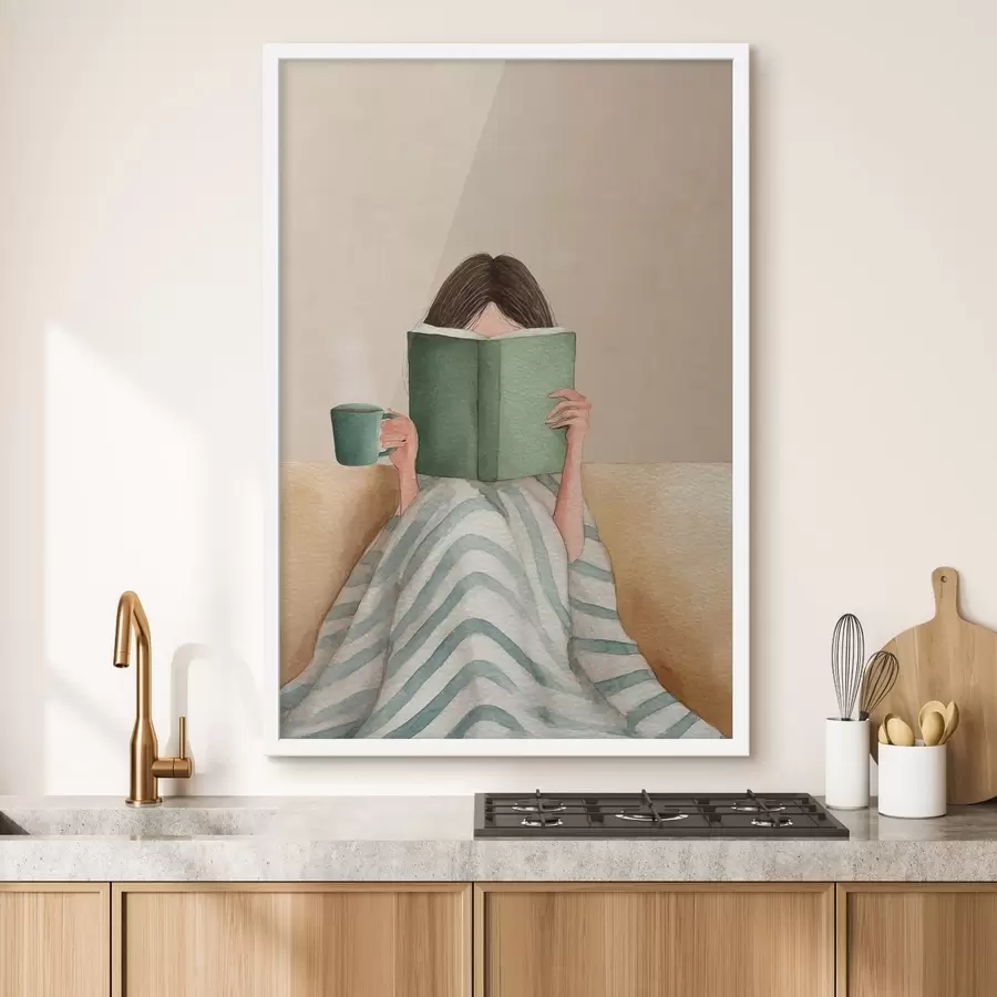 Fototapete Weiche Aquarellillustration einer Frau, die auf einer Couch sitzt und ein Buch liest f48114
