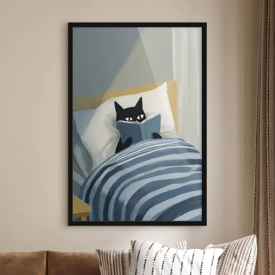 Fototapete Minimale flache Illustration einer schwarzen Katze, die im Bett ein Buch liest f48117