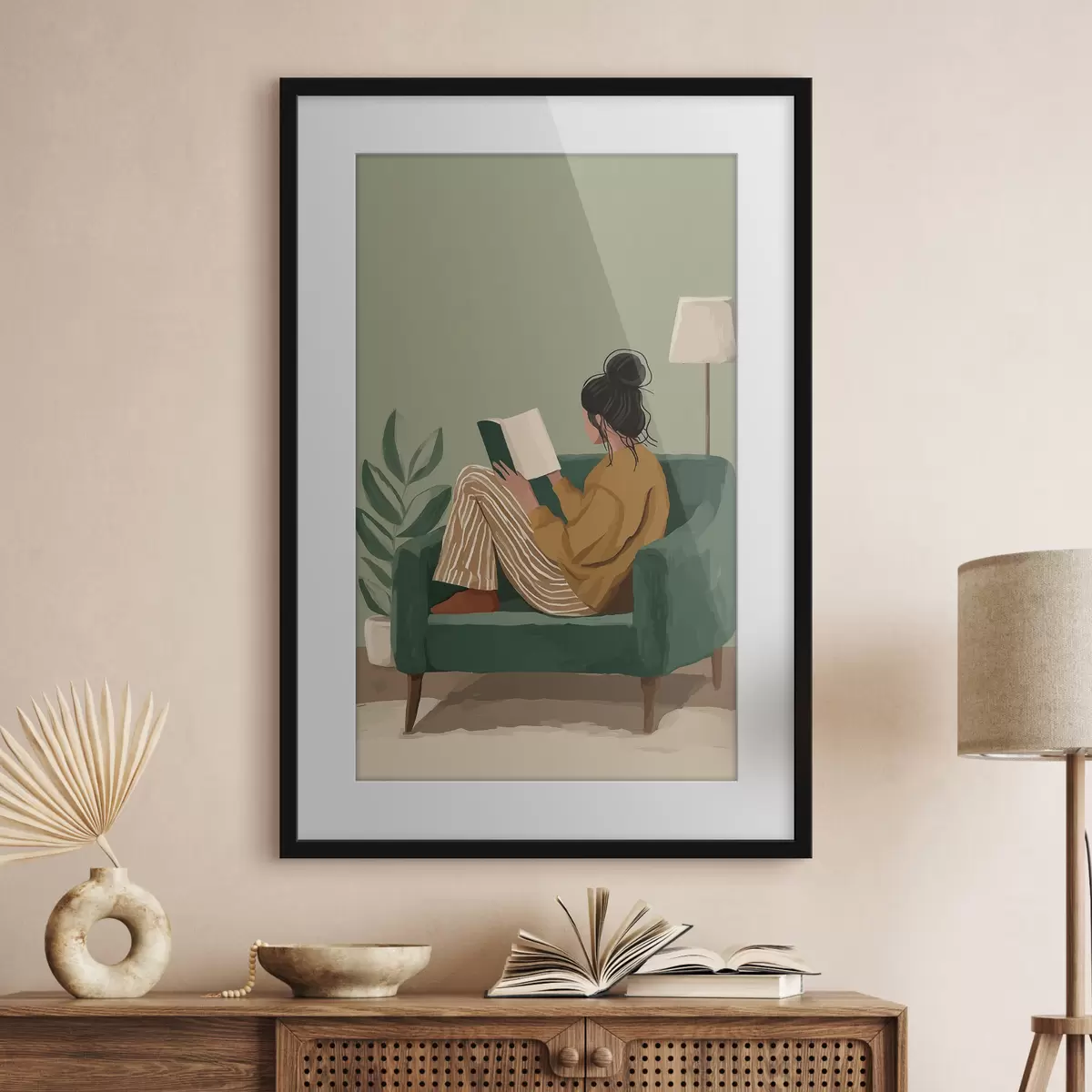 Poster Minimalistische, gemütliche Illustration einer Frau, die in einem Sessel sitzt und liest f48118