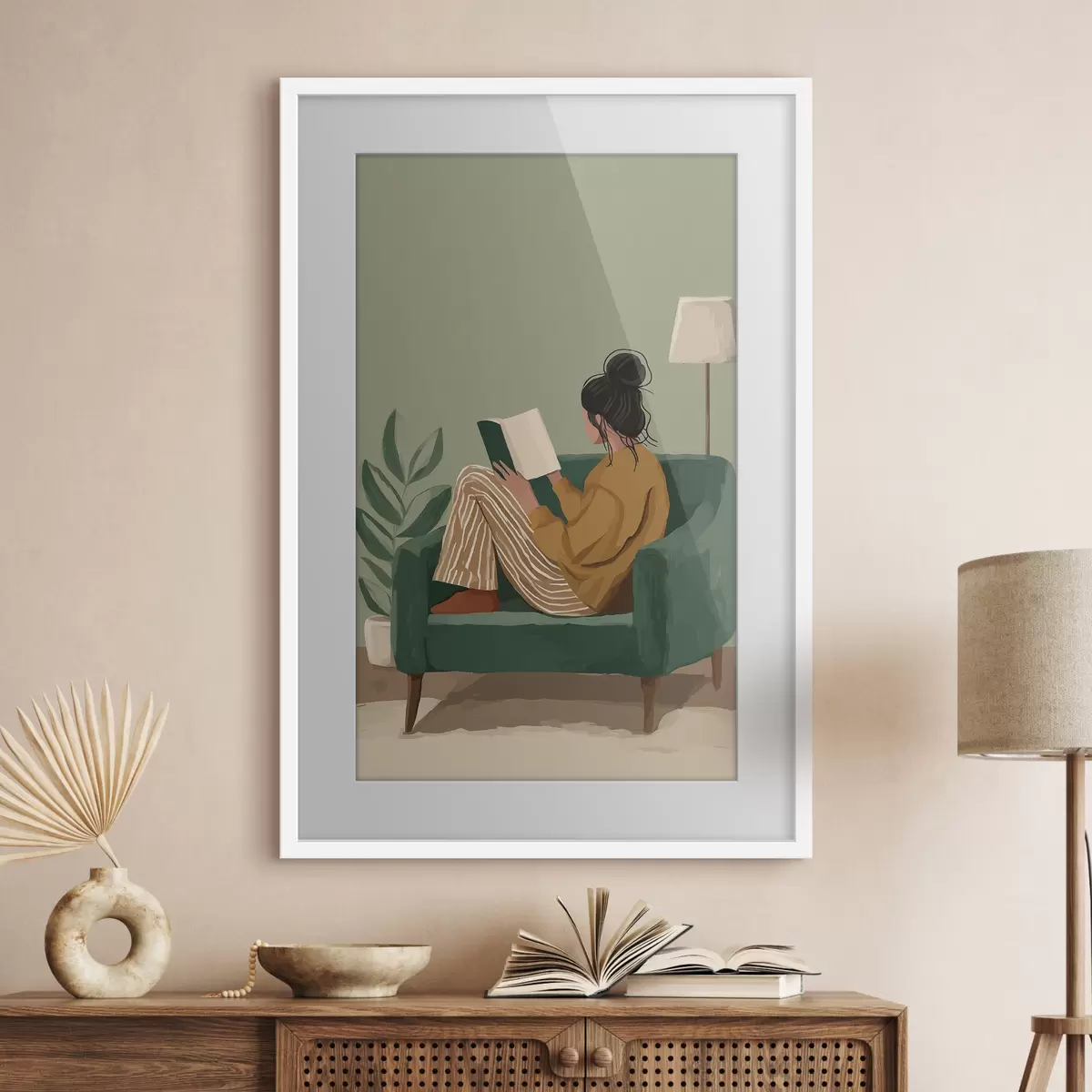 Poster Minimalistische, gemütliche Illustration einer Frau, die in einem Sessel sitzt und liest f48118