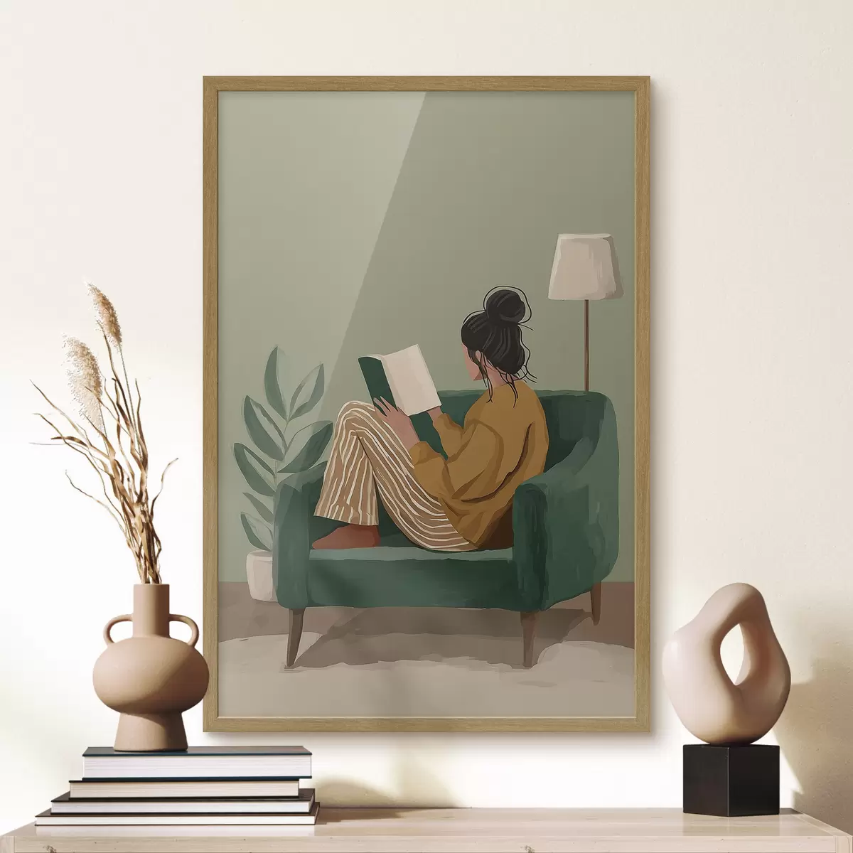 Poster Minimalistische, gemütliche Illustration einer Frau, die in einem Sessel sitzt und liest f48118
