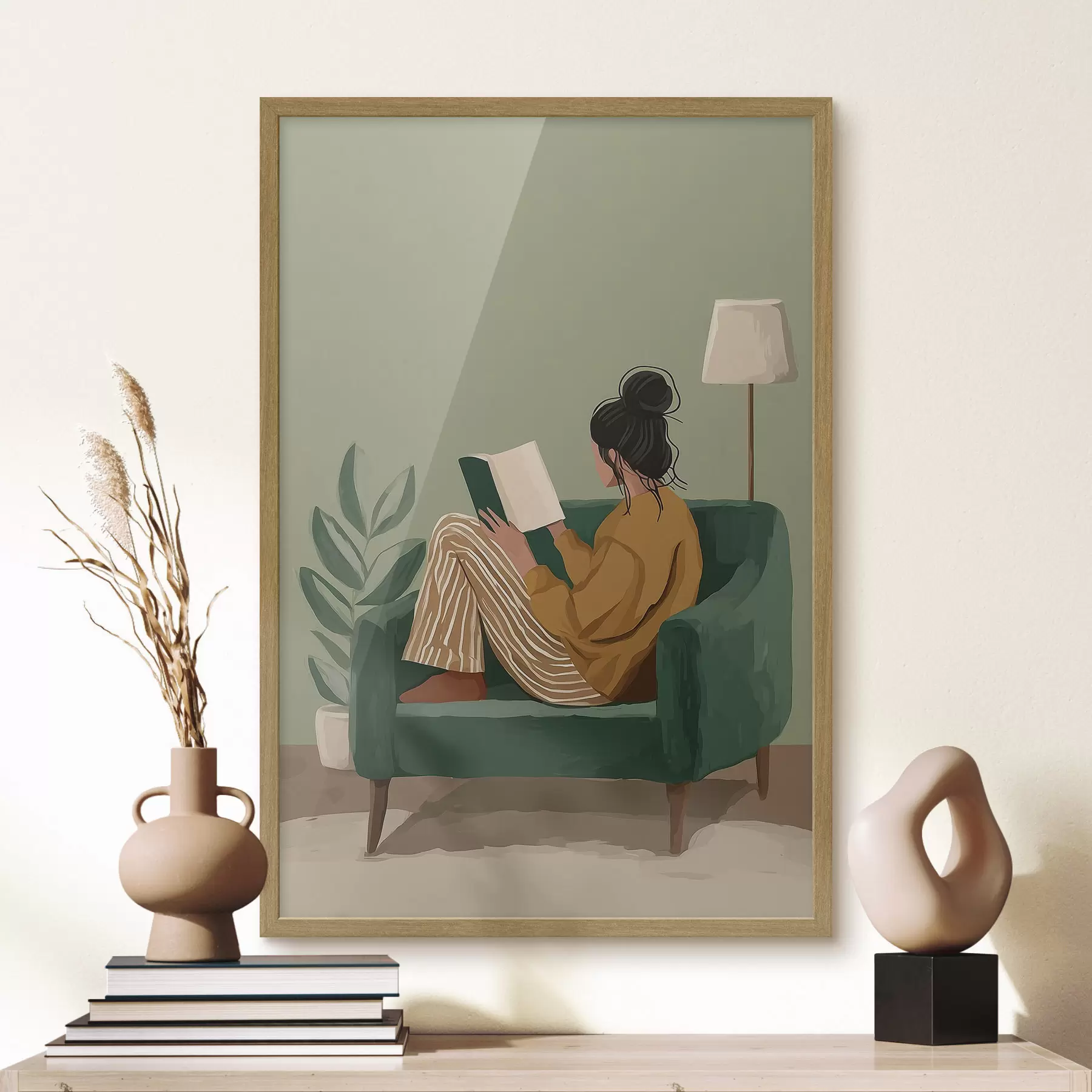 Fototapete Minimalistische, gemütliche Illustration einer Frau, die in einem Sessel sitzt und liest f48118
