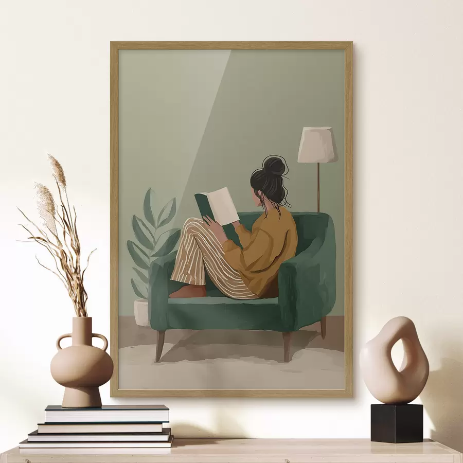 Fototapete Minimalistische, gemütliche Illustration einer Frau, die in einem Sessel sitzt und liest f48118