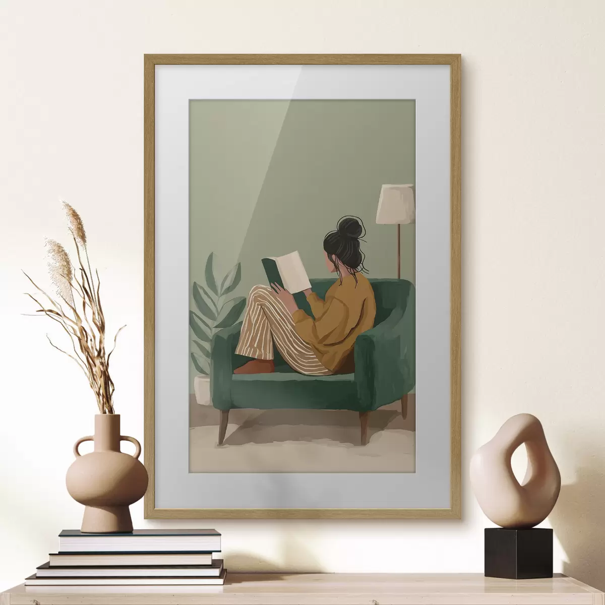 Poster Minimalistische, gemütliche Illustration einer Frau, die in einem Sessel sitzt und liest f48118