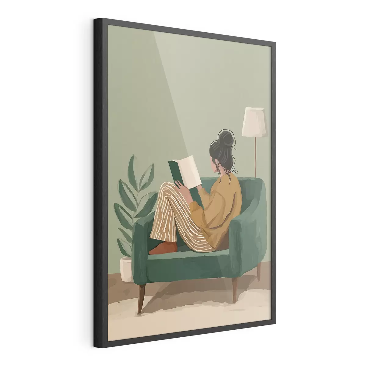 Poster Minimalistische, gemütliche Illustration einer Frau, die in einem Sessel sitzt und liest f48118