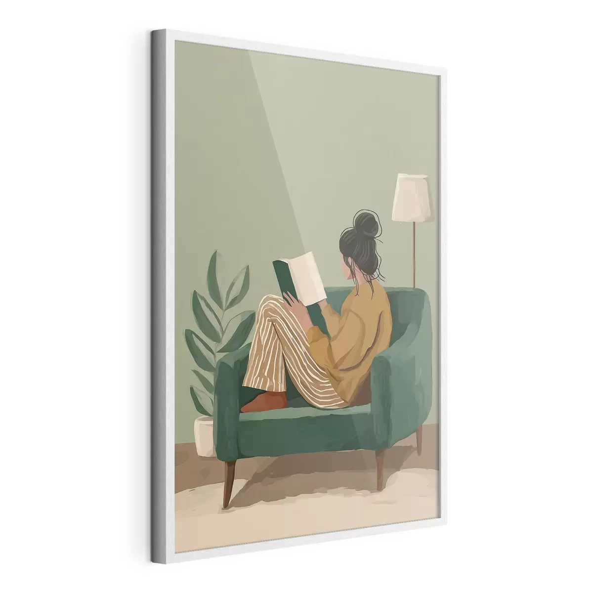 Poster Minimalistische, gemütliche Illustration einer Frau, die in einem Sessel sitzt und liest f48118