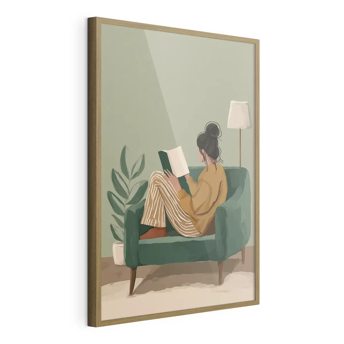 Poster Minimalistische, gemütliche Illustration einer Frau, die in einem Sessel sitzt und liest f48118
