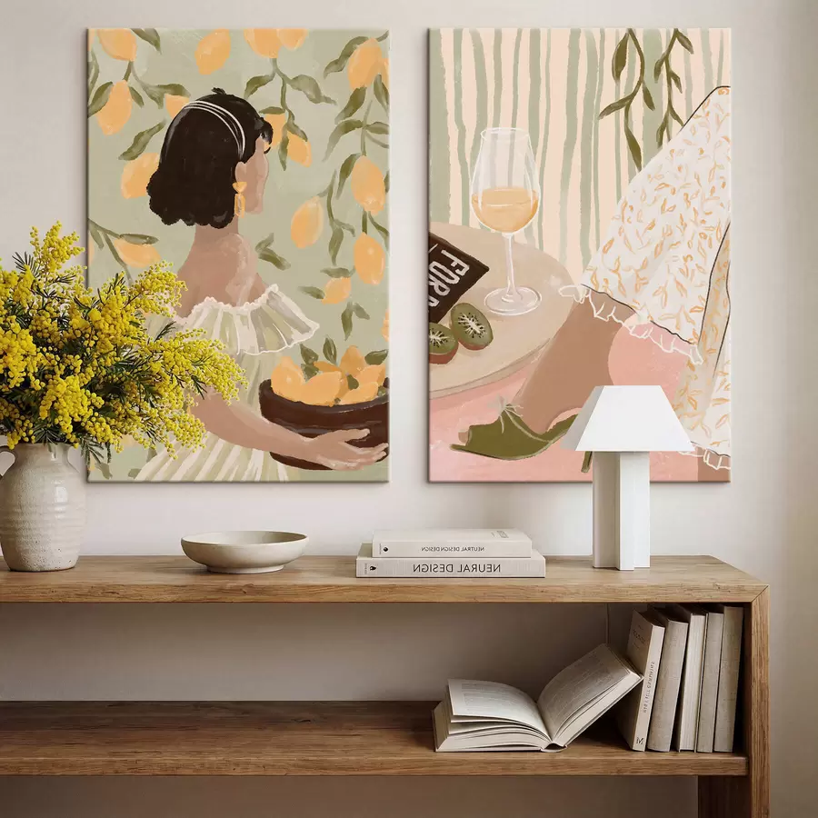 Fototapete Frau mit Zitronen und Tisch mit Glas m30104