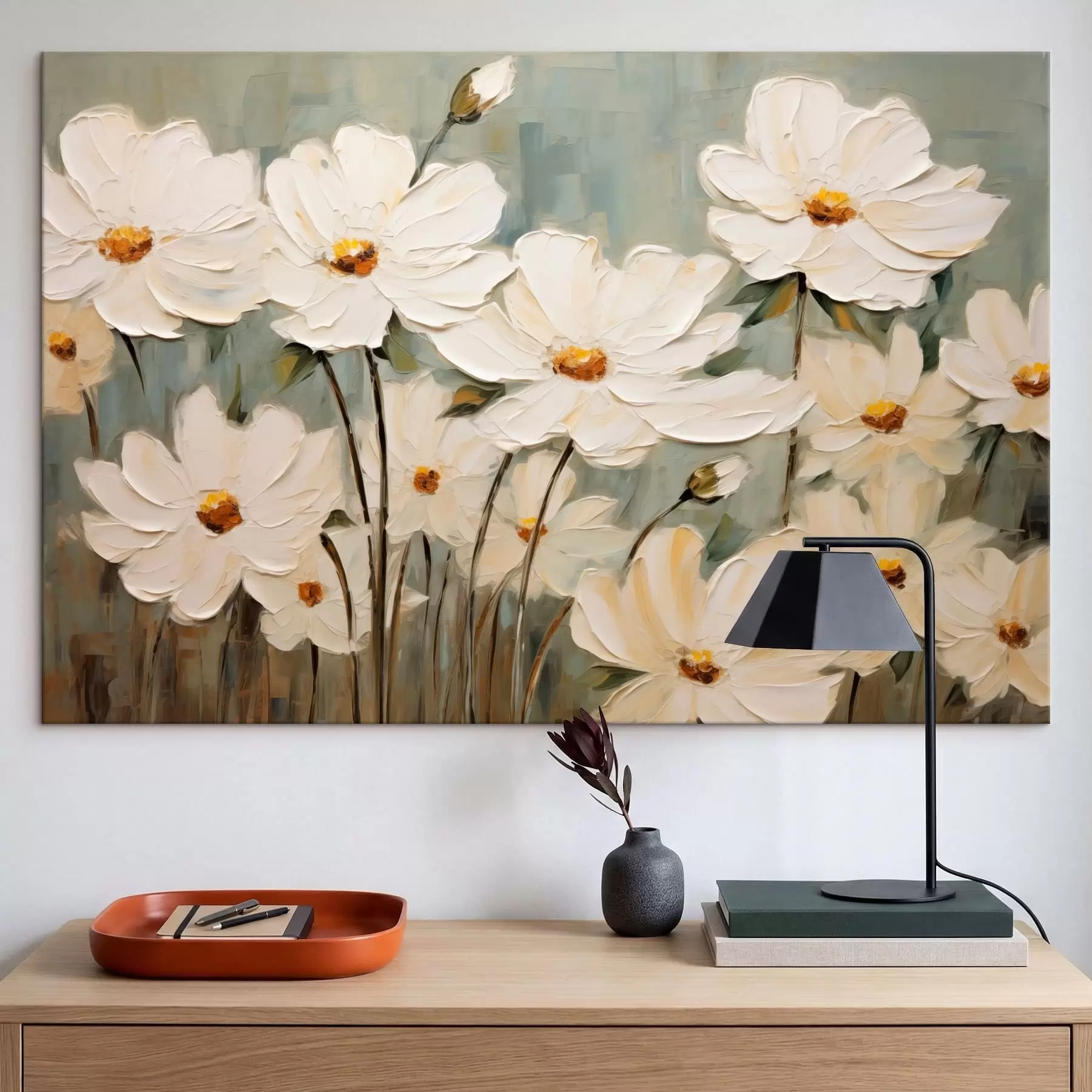 Fototapete Weiße Blumen auf strukturiertem Hintergrund, Pinselstriche s48094