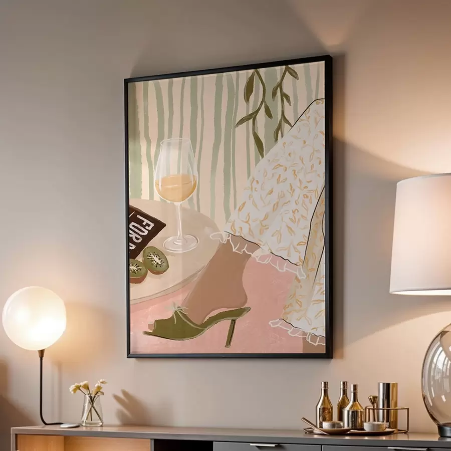 Fototapete Tisch mit Weinglas und Kiwi neben Kleid f48021