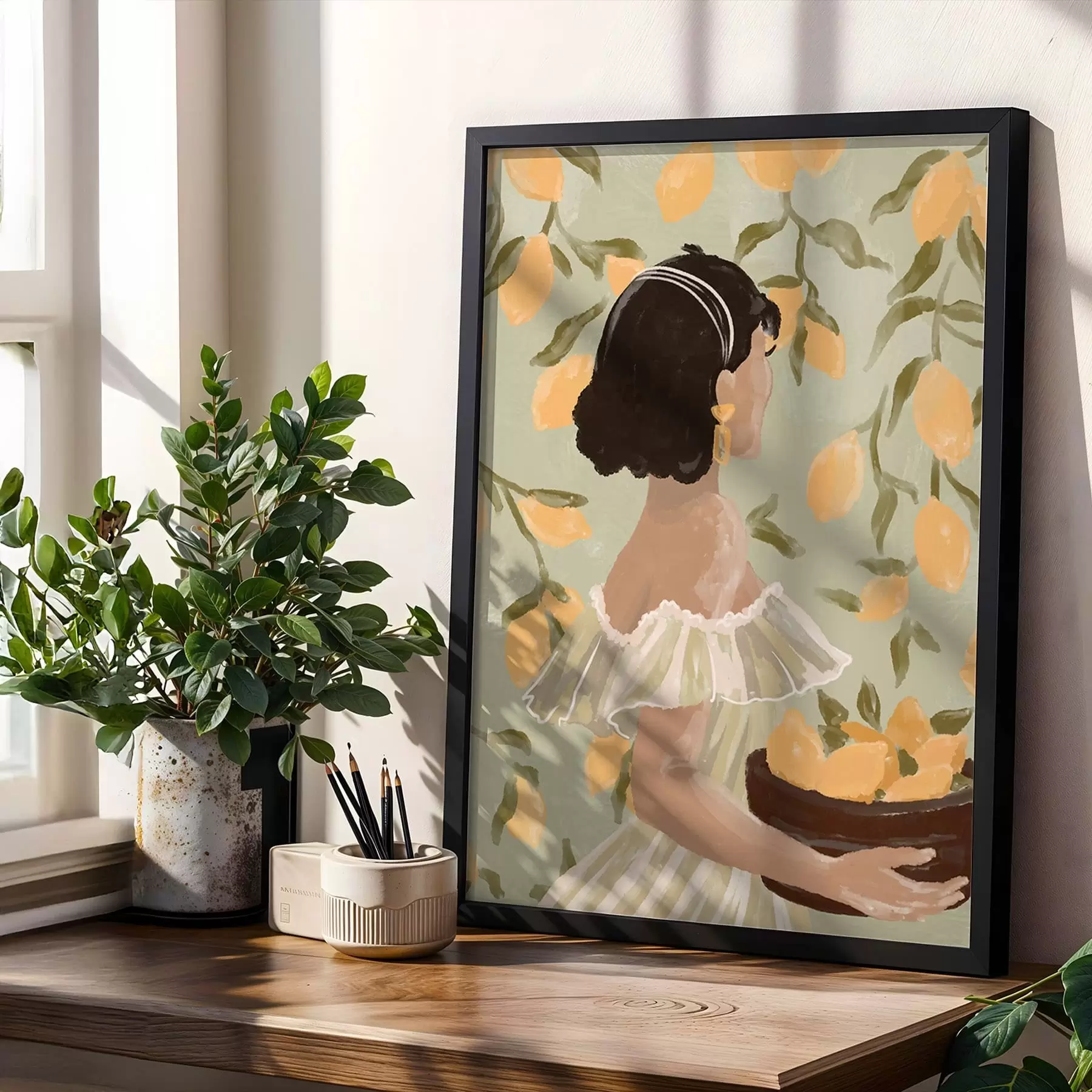 Fototapete Frau hält eine Schüssel mit Zitronen an den Zweigen f48023