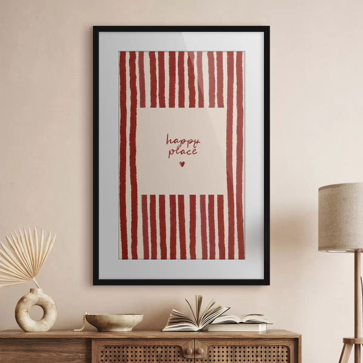 Poster Rote Streifen mit „Happy Place“-Text f48025
