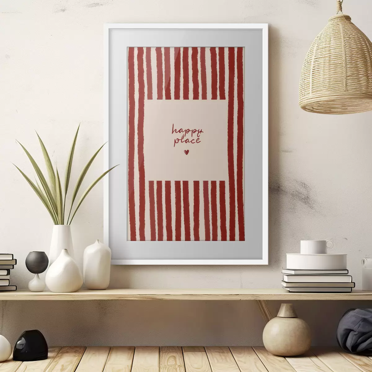 Poster Rote Streifen mit „Happy Place“-Text f48025