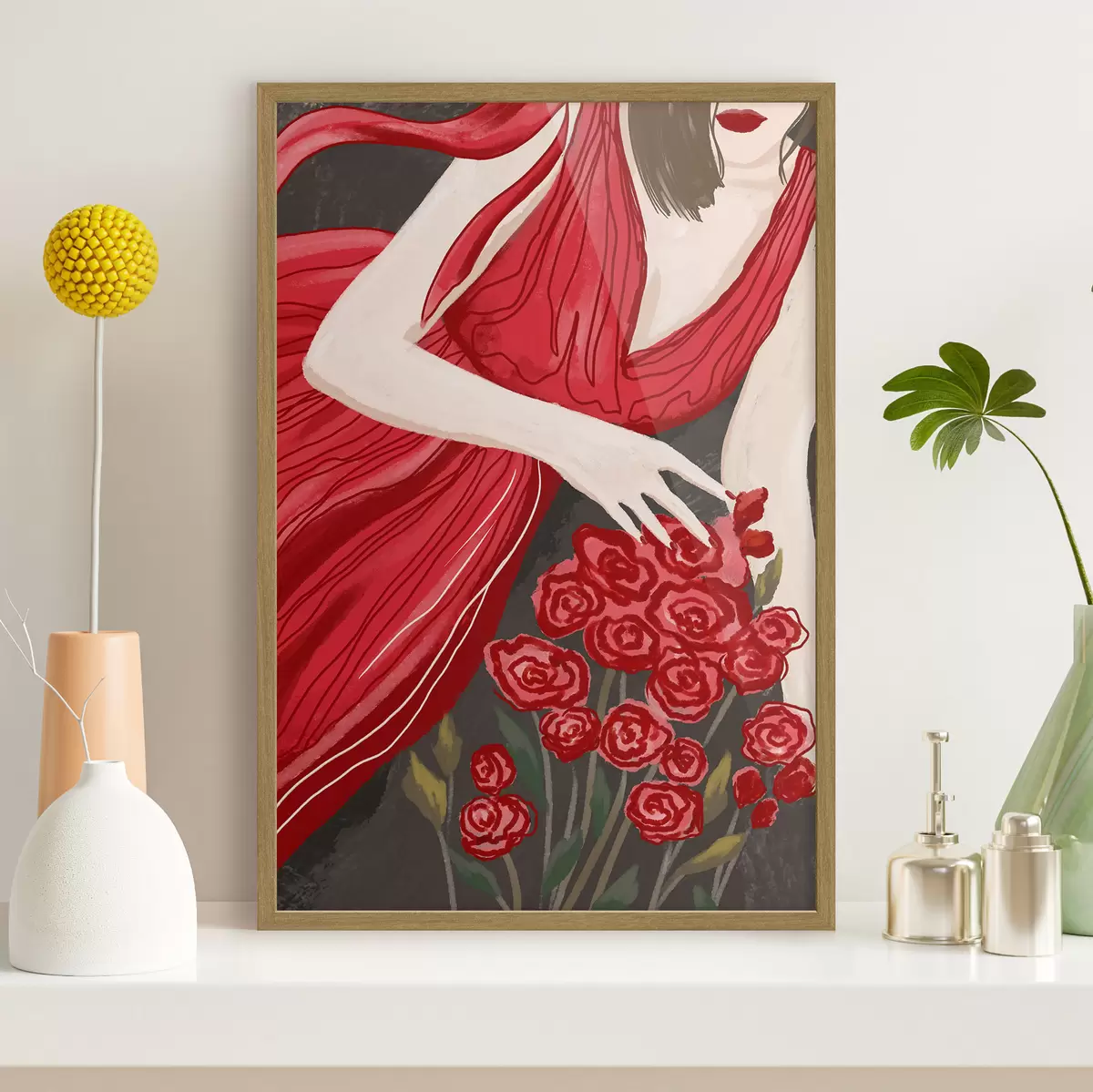 Poster Frau in rotem Kleid mit Rosenstrauß f48026