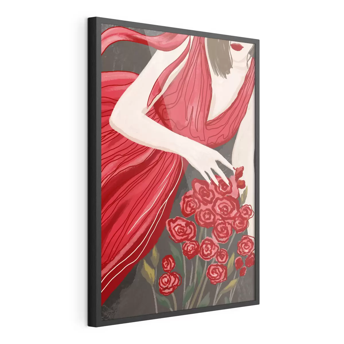 Poster Frau in rotem Kleid mit Rosenstrauß f48026