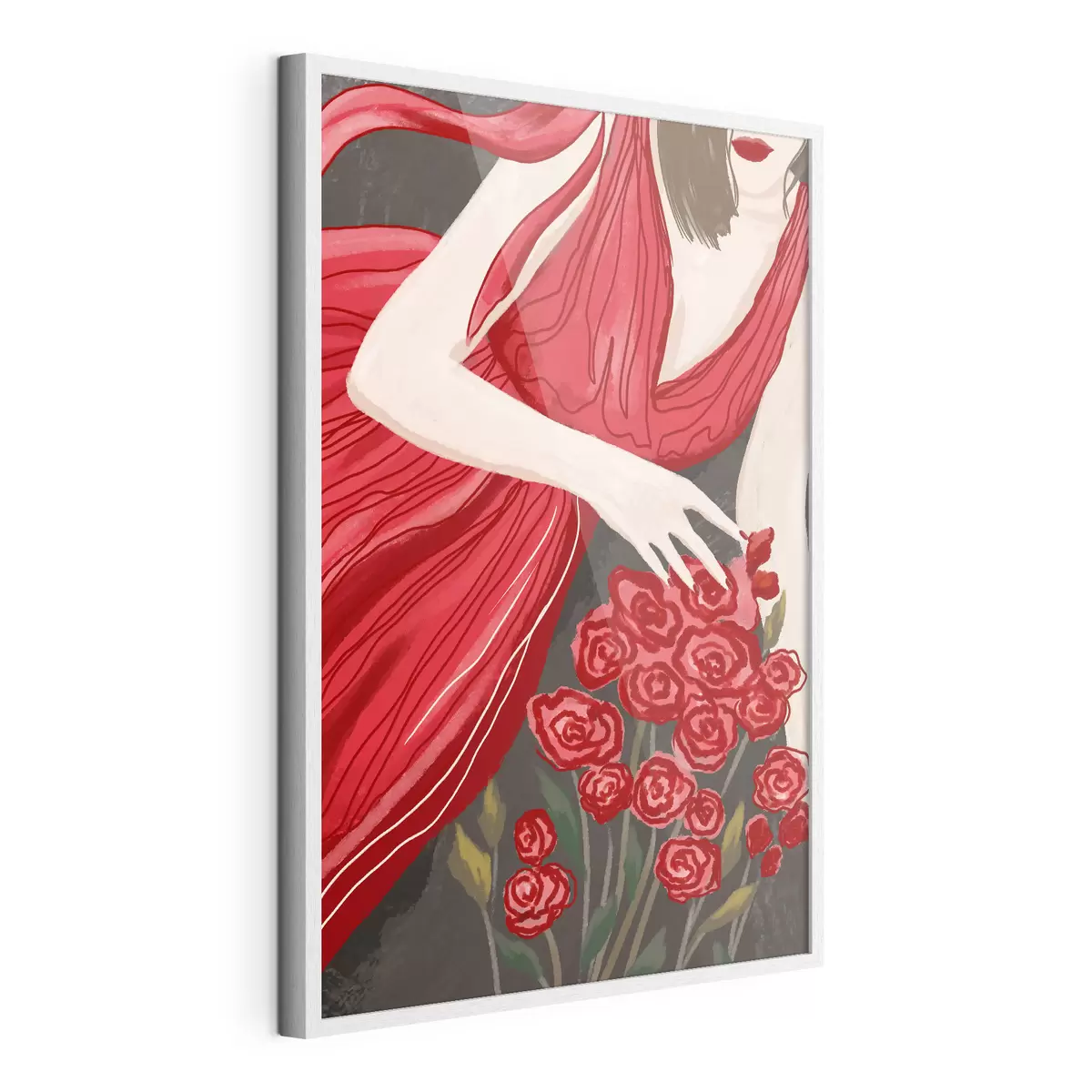 Poster Frau in rotem Kleid mit Rosenstrauß f48026