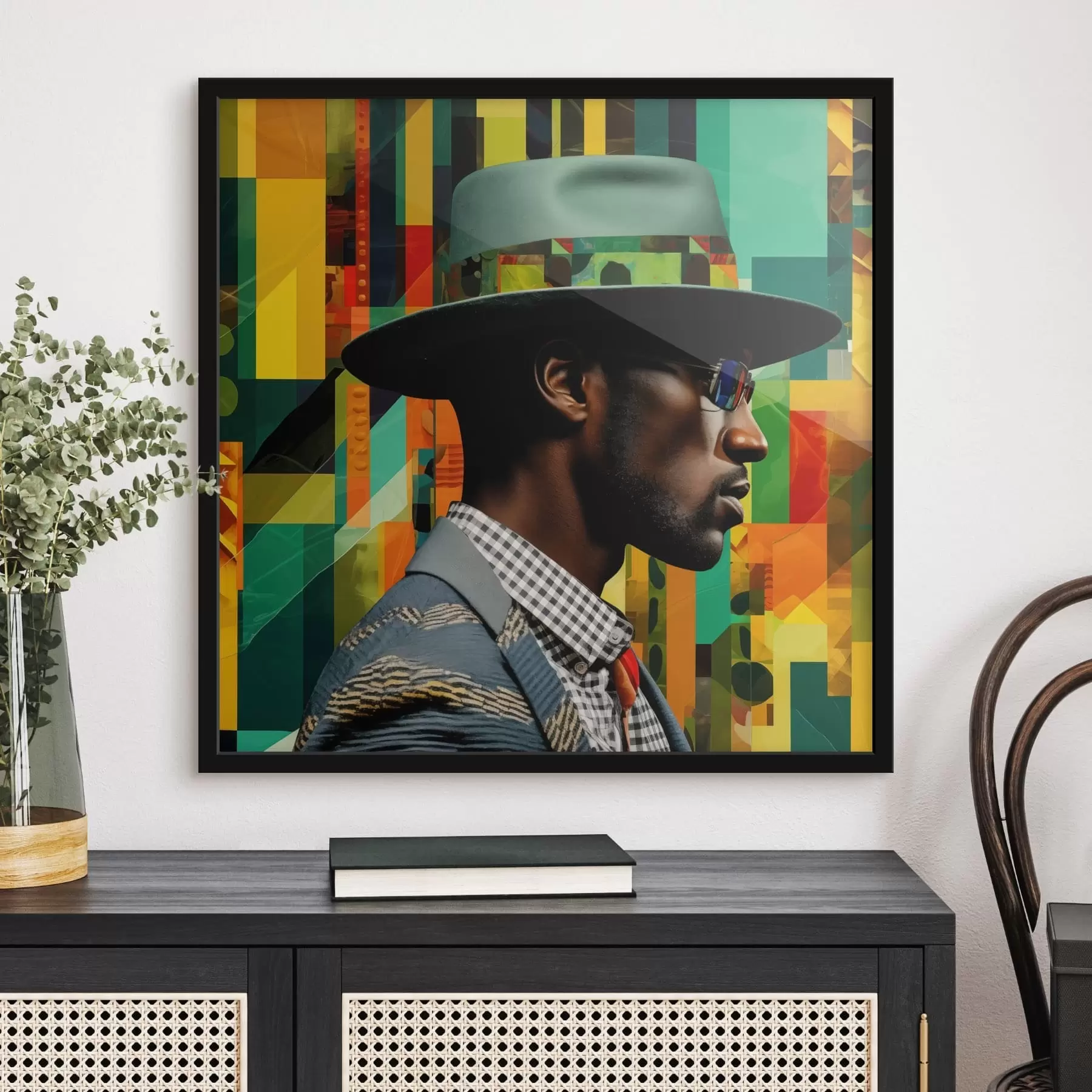 Fototapete Porträt eines Mannes mit Hut vor lebhaftem Hintergrund f48100