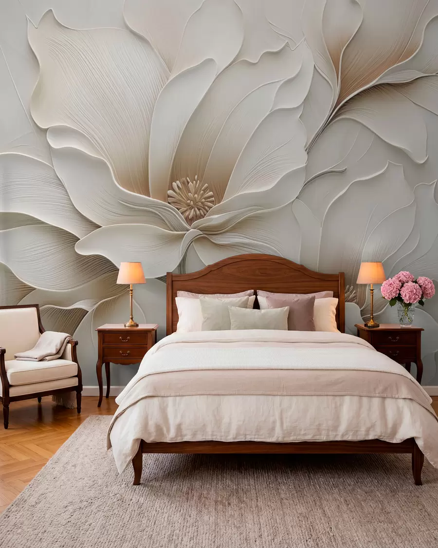 Fototapete Geprägte beige Blumenrelief-Nahaufnahme w05269