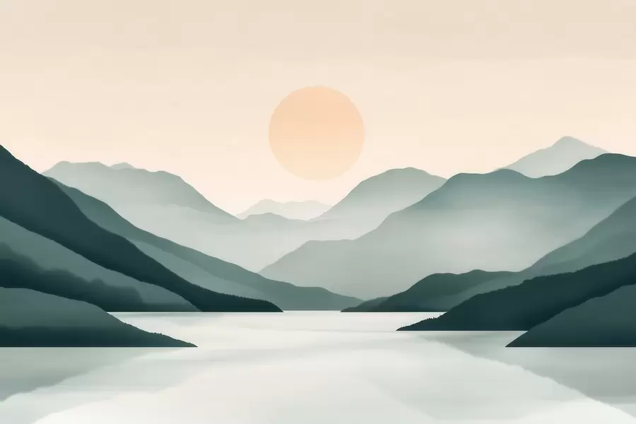 Fototapete Ruhige Berglandschaft mit Sonne über dem See w09735