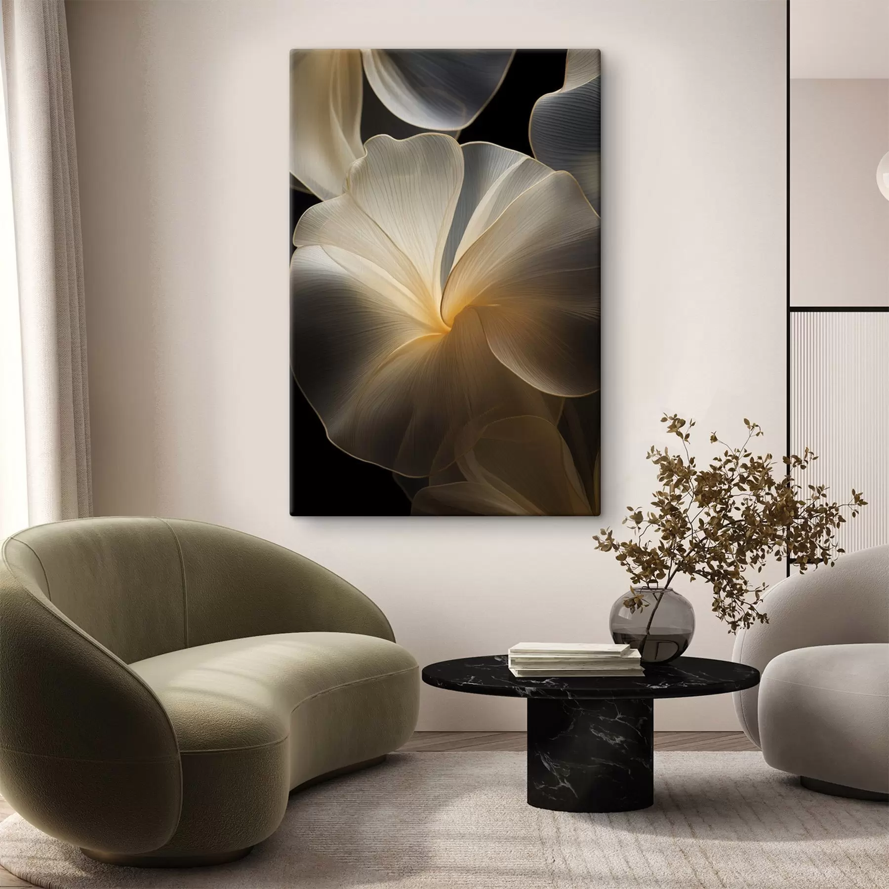 Fototapete Abstrakte, fließende, durchscheinende Blütenblätter mit zarten Linien vor einem dunklen Hintergrund s47860