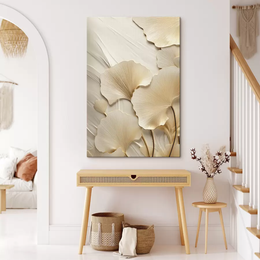 Fototapete Abstrakte Ginkgoblätter vor einem strukturierten, hellen Hintergrund, elegante und abstrakte Komposition s47867