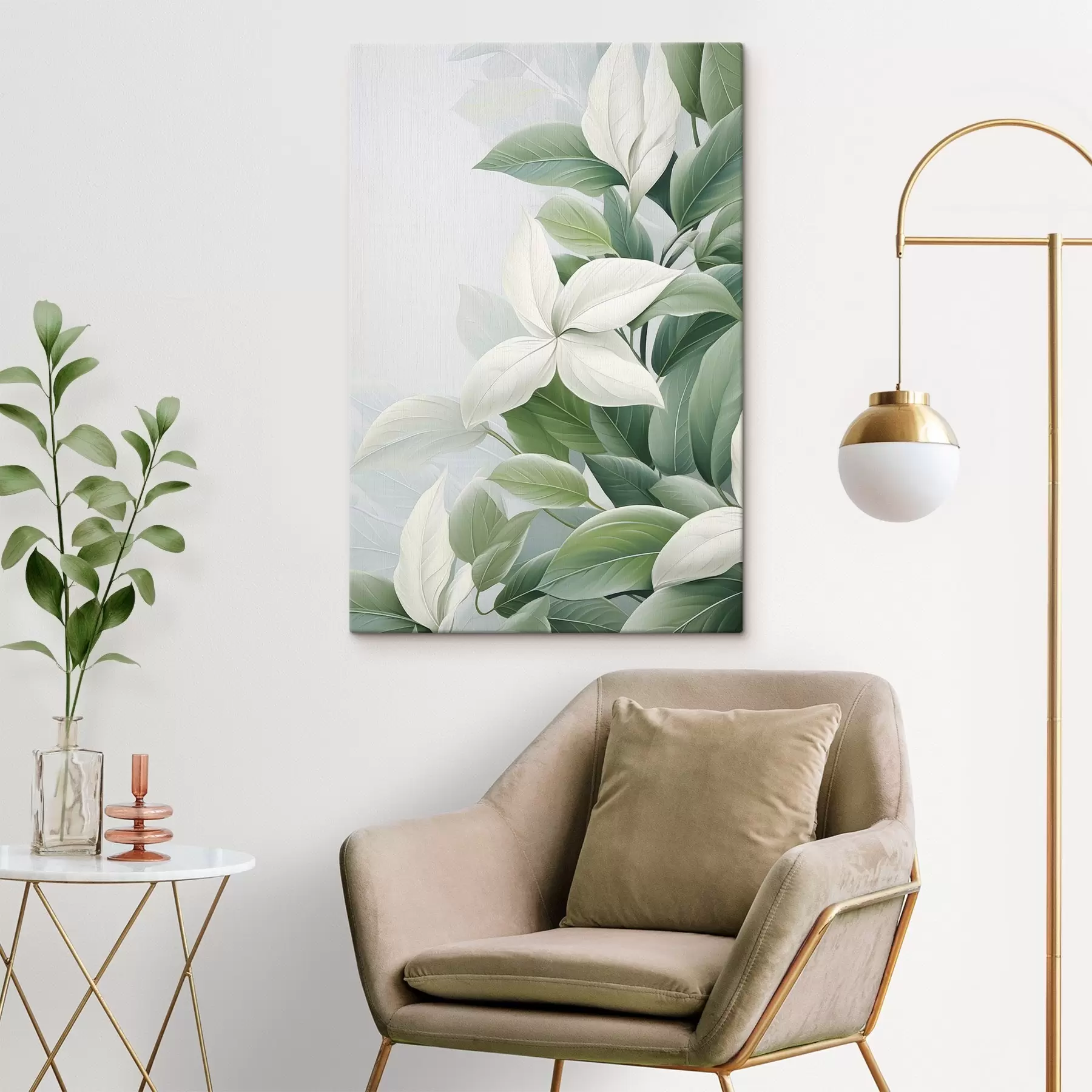 Fototapete Weiße Blumen mit grünen Blättern, pastellfarbener Hintergrund s47870