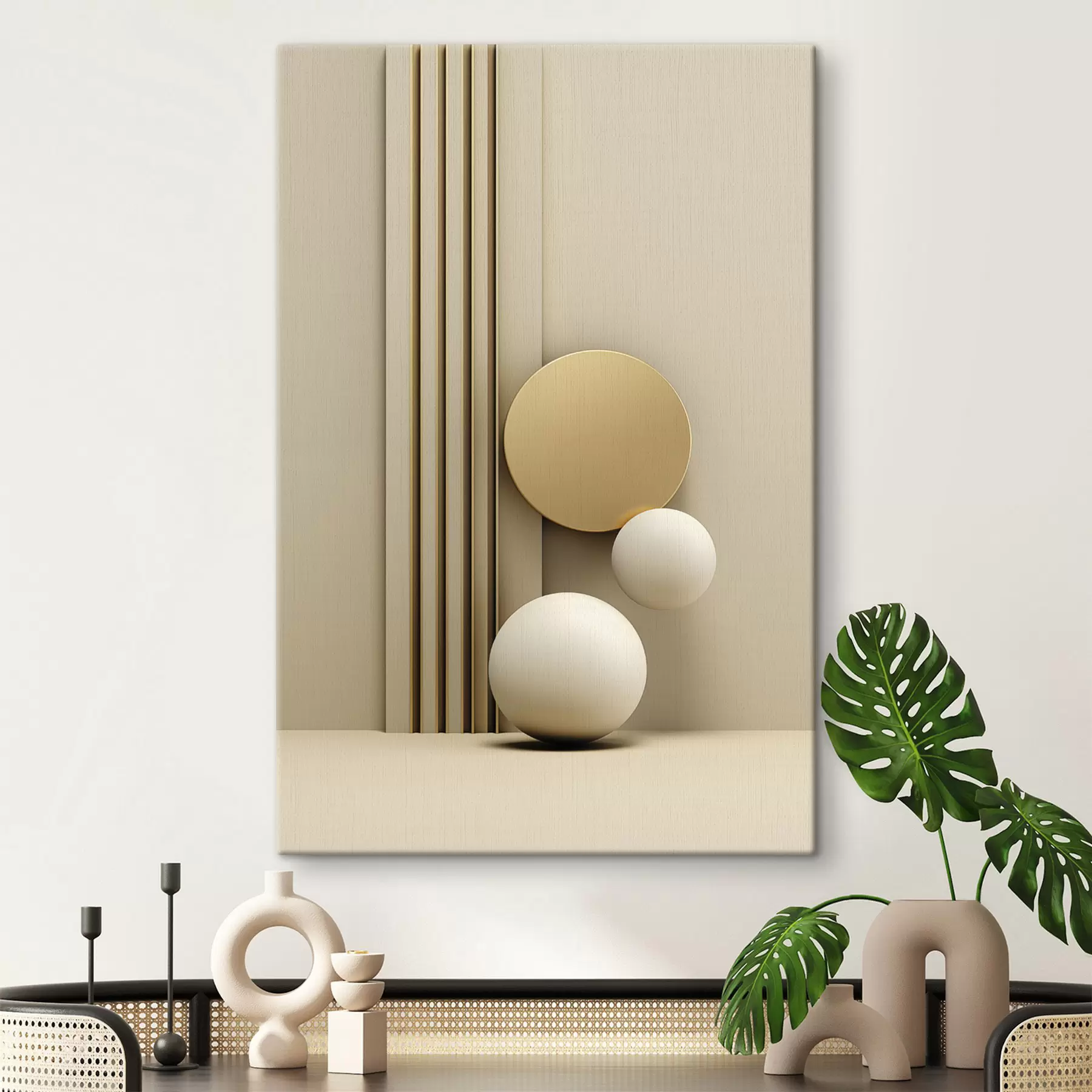 Fototapete Abstrakte beige moderne Kunst mit vertikalen Linien und Kugeln s47871