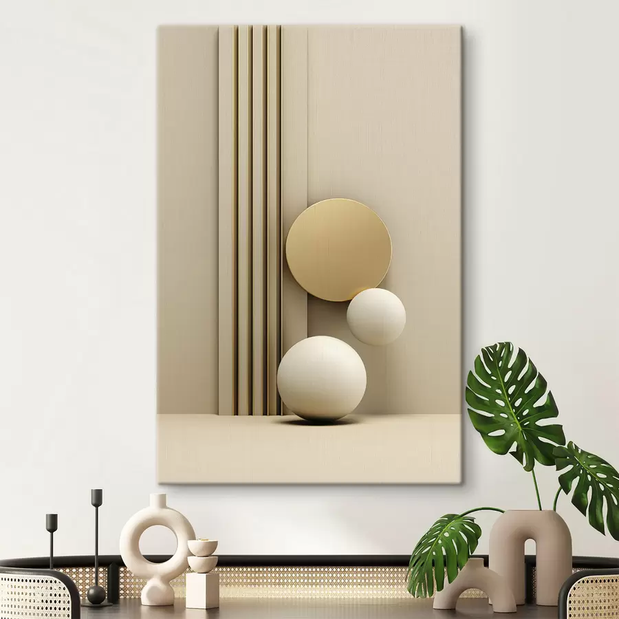 Fototapete Abstrakte beige moderne Kunst mit vertikalen Linien und Kugeln s47871